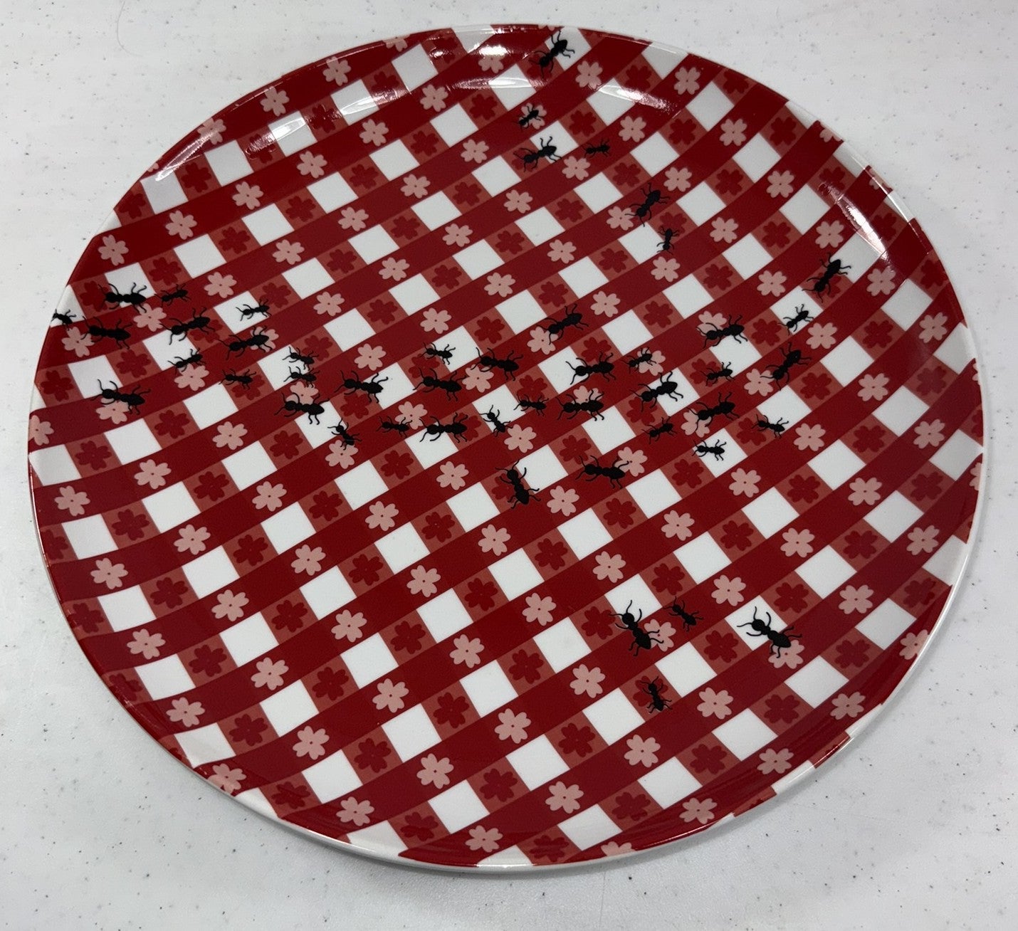 Boston Warehouse Ants & Gingham 14in Round Ceramic Serving Platter 2008