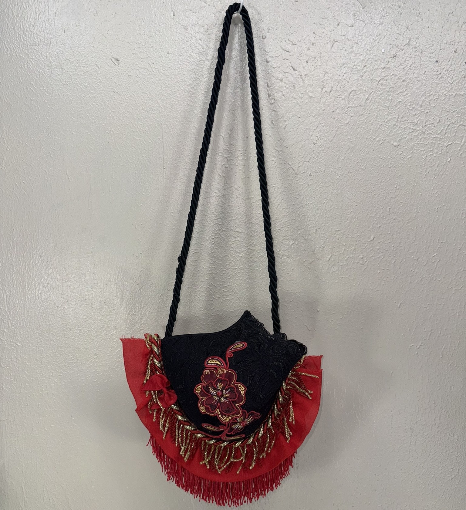 Handmade Bra Purse Black Red Embroidered Floral Fringe Novelty Shoulder Bag