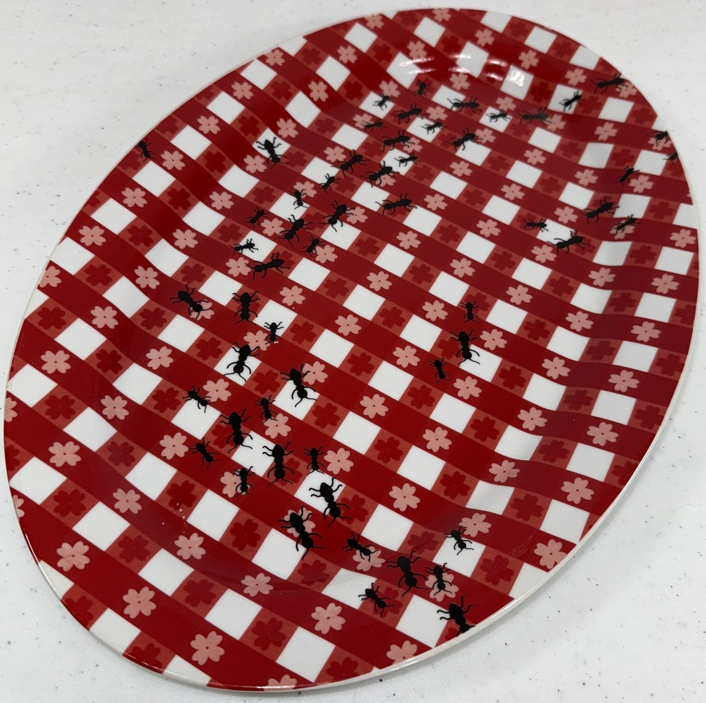 Boston Warehouse Ants & Gingham Oval Serving Platter Red White Check 94474