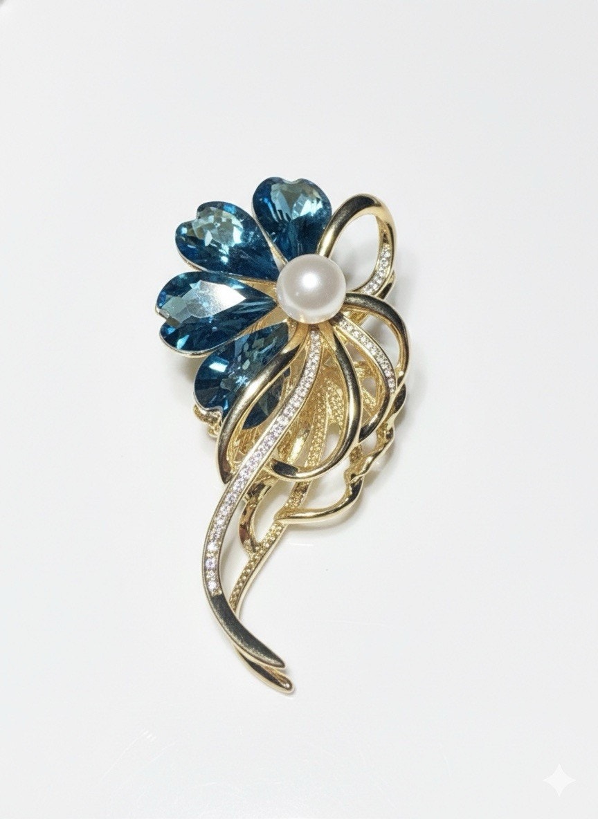 Elegant Gold PlatedFloral Brooch Pin for Women Green & White Crystals & Pearls