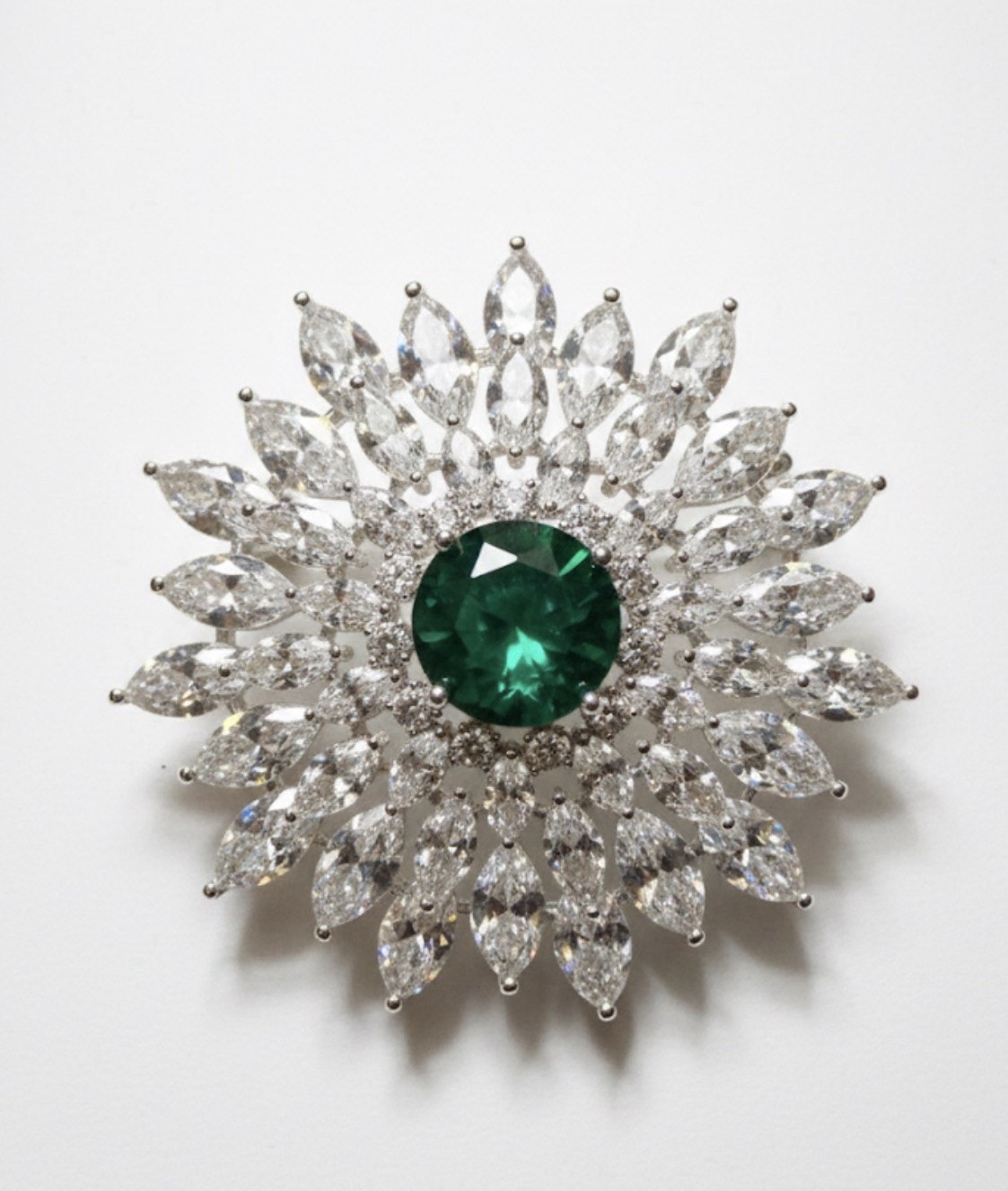 Elegant Gold PlatedFloral Brooch Pin for Women Green & White Crystals