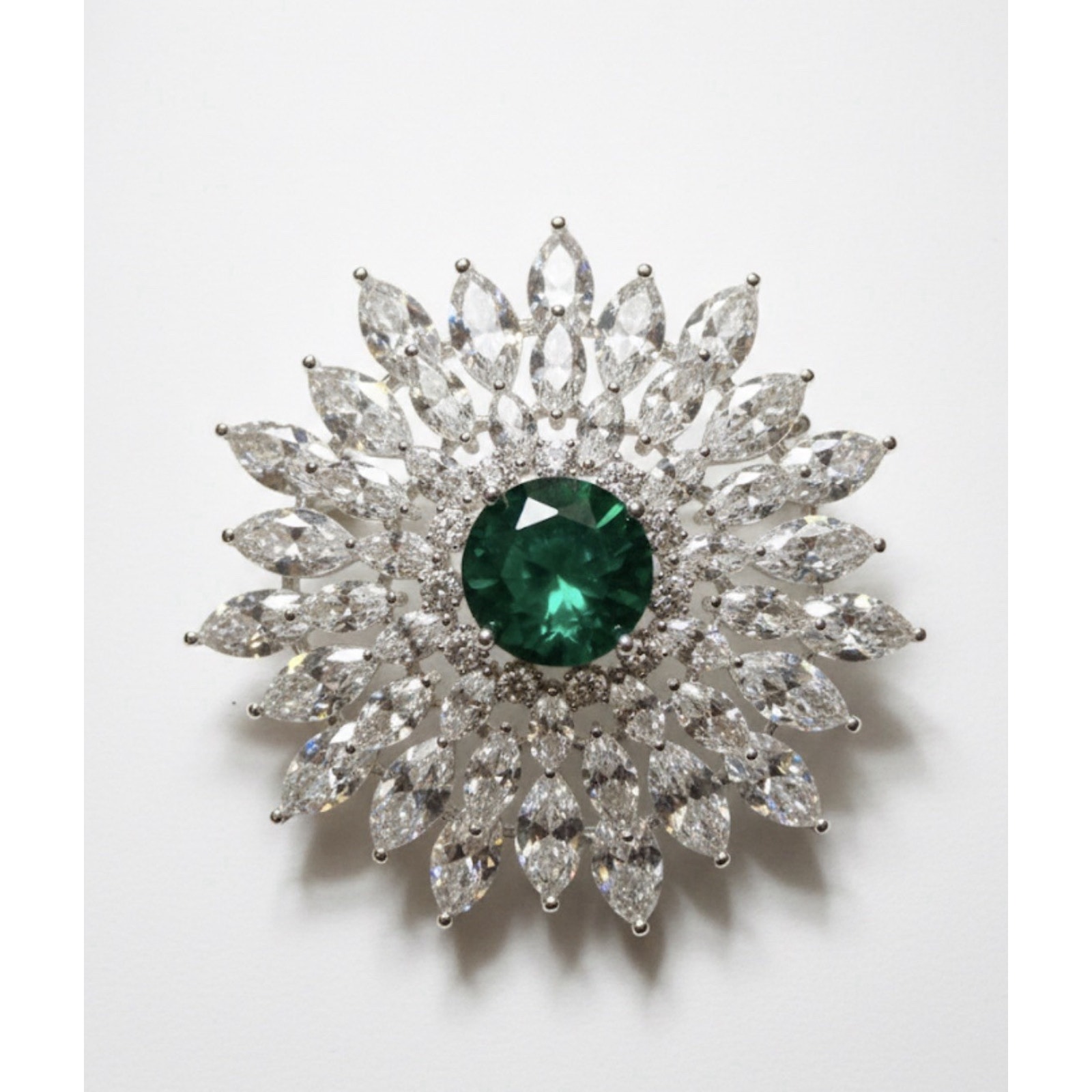 Elegant Gold PlatedFloral Brooch Pin for Women Green & White Crystals