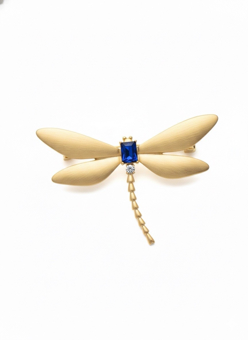 Elegant Gold Plated Dragon Fly Brooch Pin for Women White and Blue Crystals