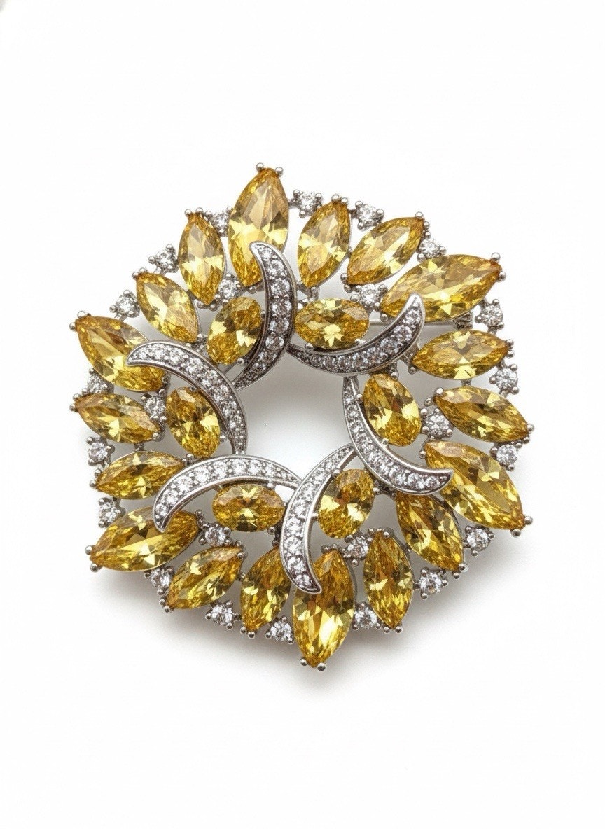 Elegant Gold Plated Floral Brooch Pin for Women Yellow & White Crystals
