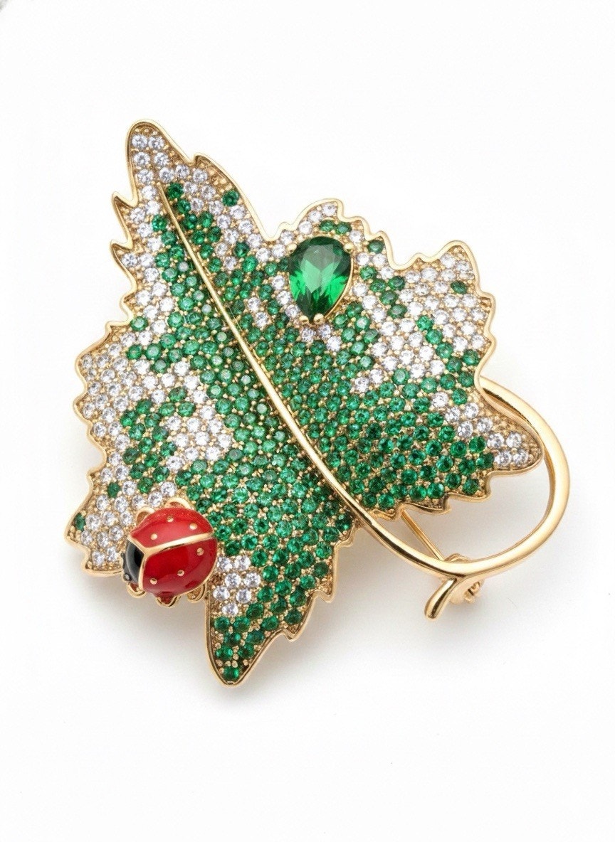 Elegant Gold PlatedFloral Brooch Pin for Women Green, Red & White Crystals