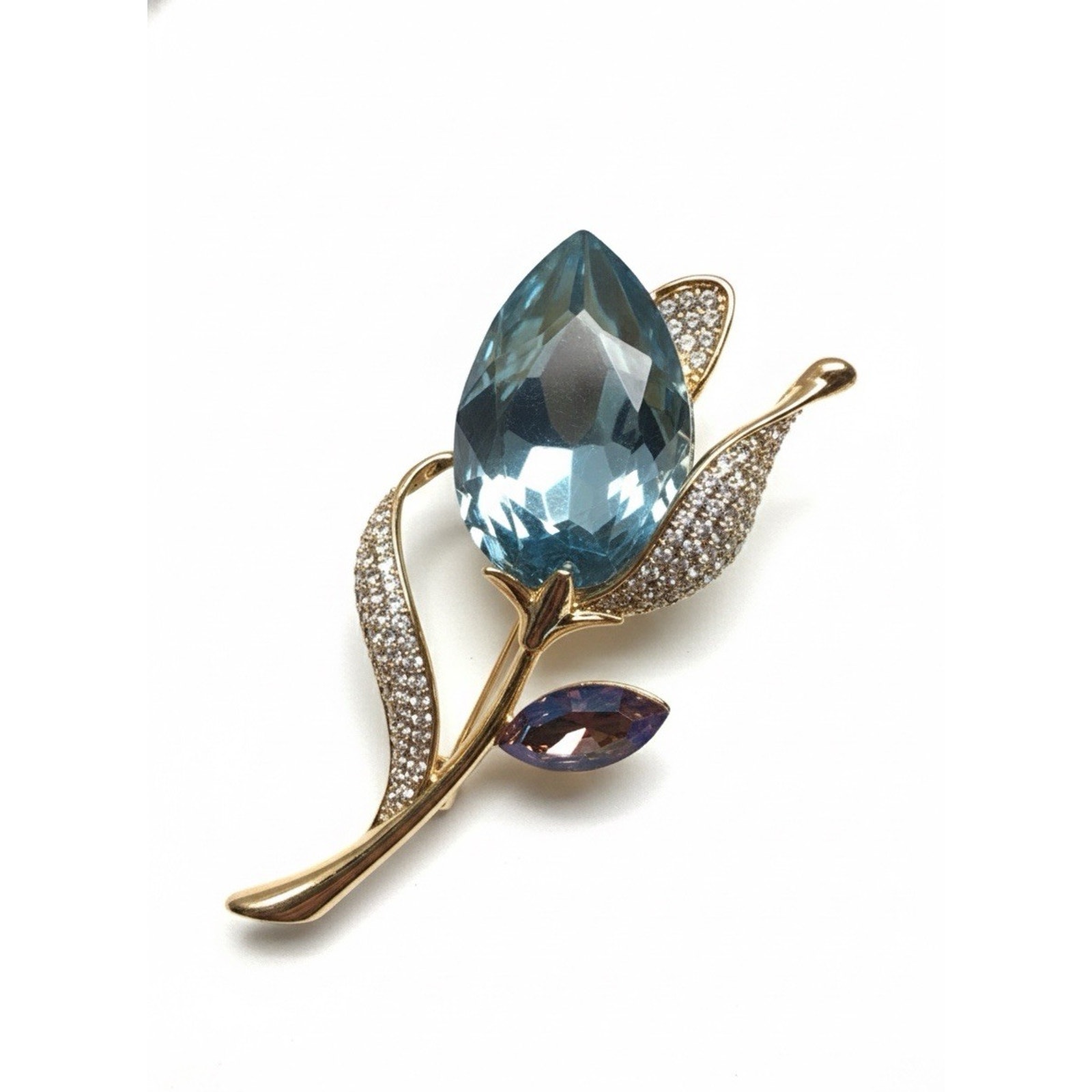 Elegant Gold PlatedFloral Brooch Pin for Women Swarovski Green & White Crystals