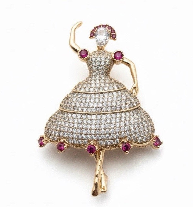 Elegant Gold Plated Woman Figurine Brooch Pin for Women White and Pink Crystals