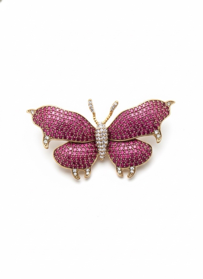 Elegant Gold Plated Butterfly Brooch Pin for Women Pink & White Crystals