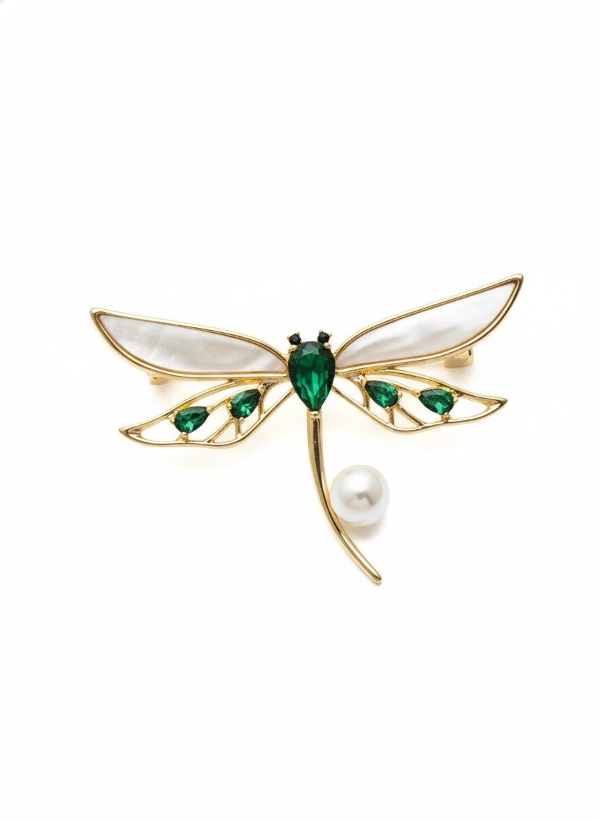 Elegant Gold Plated Dragon Fly Brooch Pin for Women White and Green Crystals