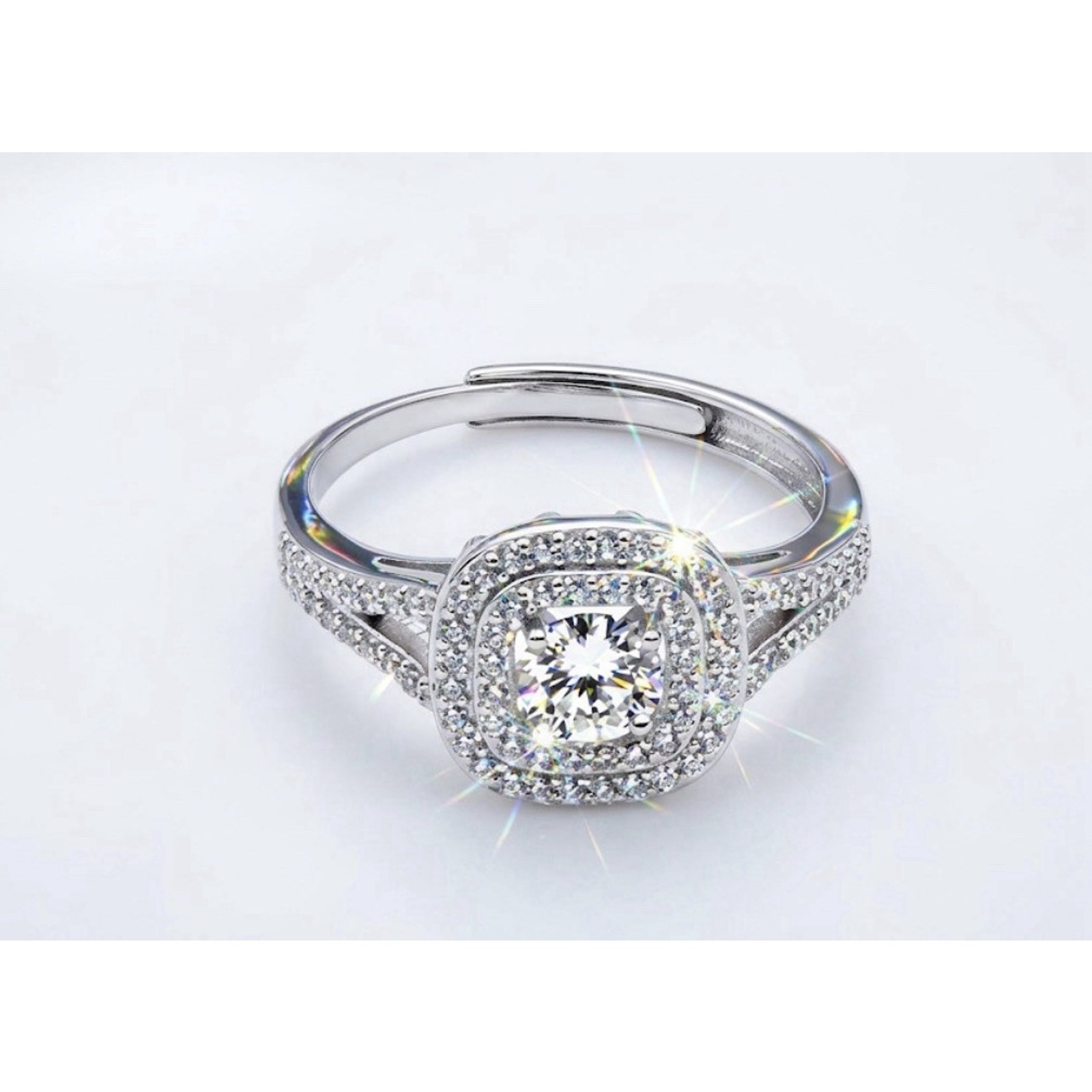 Elegant 0.50ct Moissanite Double Halo Statement Ring S925 Silver Adjustable Size