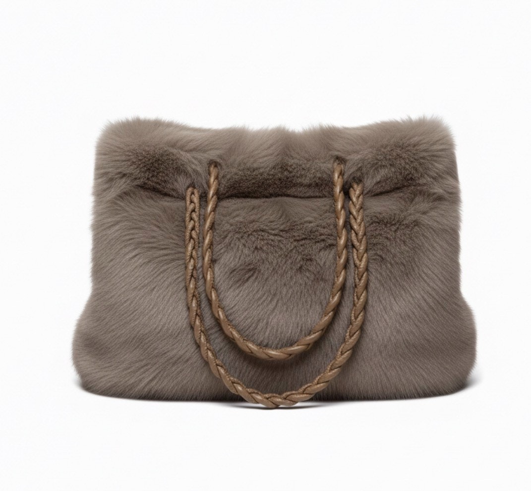 Luxury Faux Fur Tote Bag | Taupe Gray Plush Handbag with Braided Handles Medium