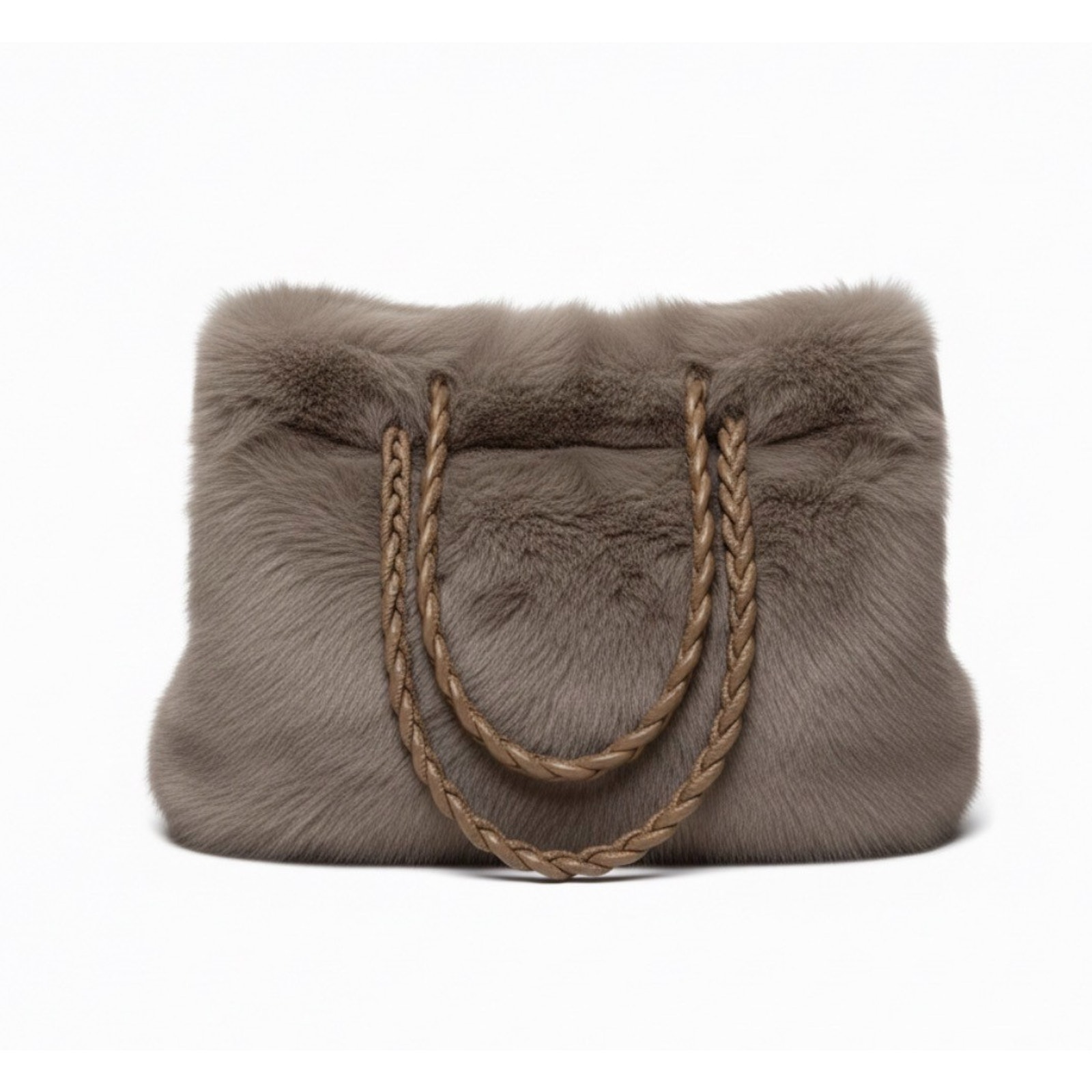 Luxury Faux Fur Tote Bag | Taupe Gray Plush Handbag with Braided Handles Medium