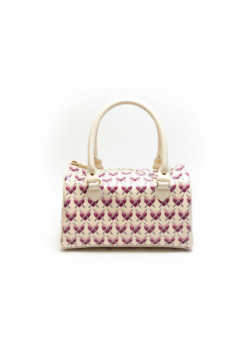 Luxury Ladies Bowler Bag – Chic Heart Print Bag – Cream