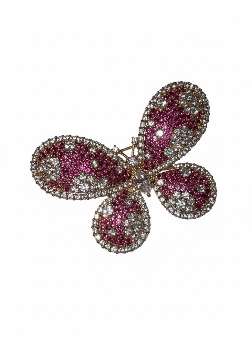 Elegant Gold Plated Butterfly Brooch Pin for Women Pink & White Crystals