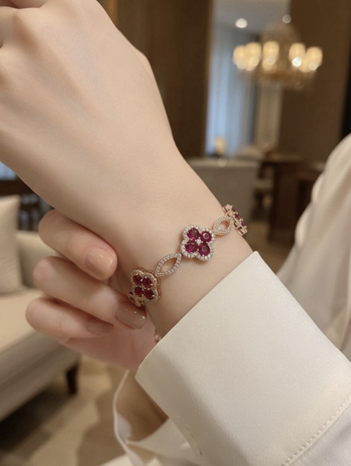 Women’s Goldtone Cubic Zirconia and Red Cloverleaf Gemstone Bracelet