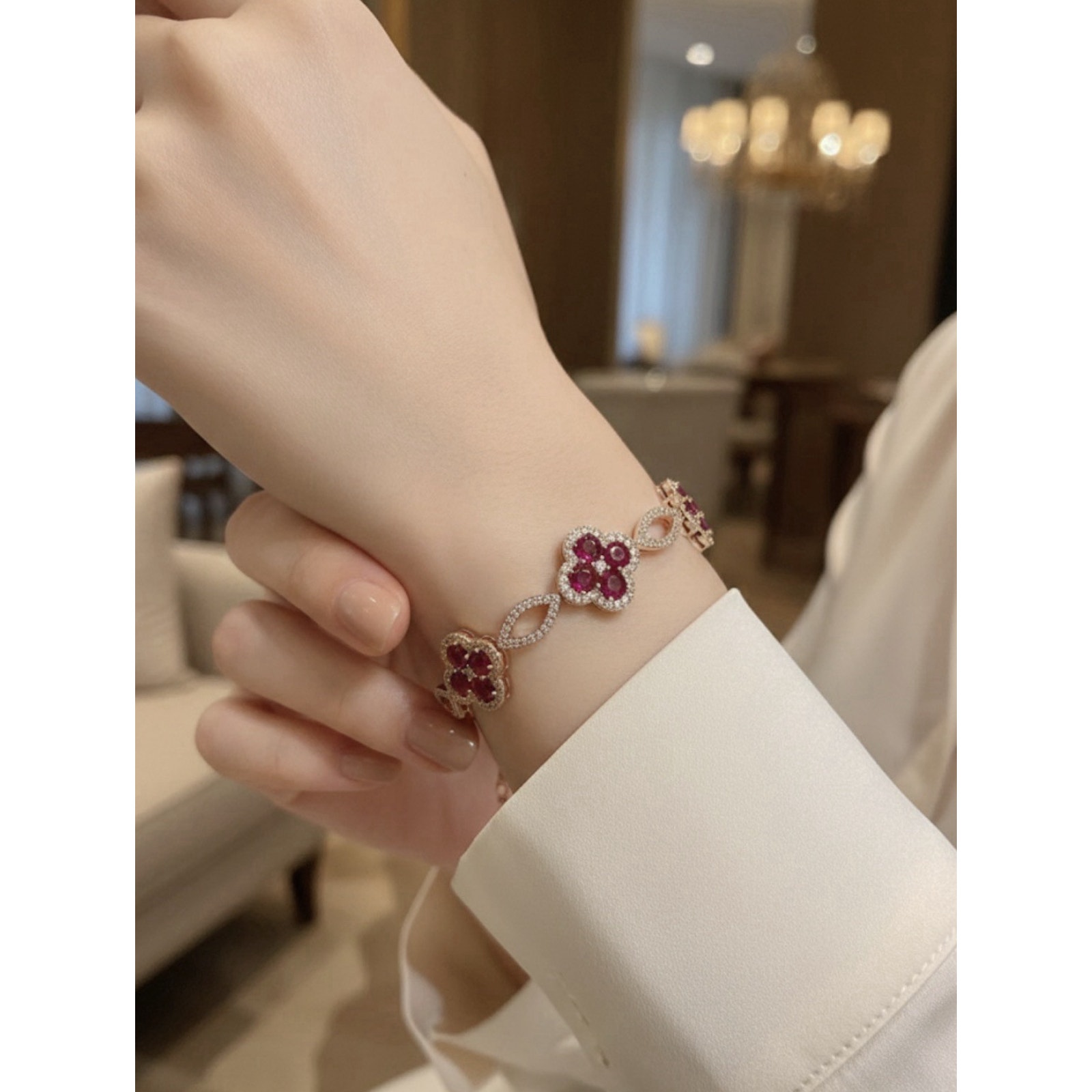 Women’s Goldtone Cubic Zirconia and Red Cloverleaf Gemstone Bracelet