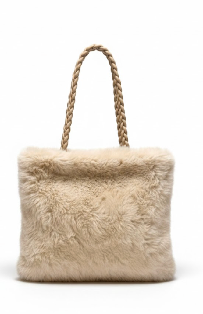 Luxury Faux Fur Tote Bag | Gray Plush Handbag with Braided Handles | Large