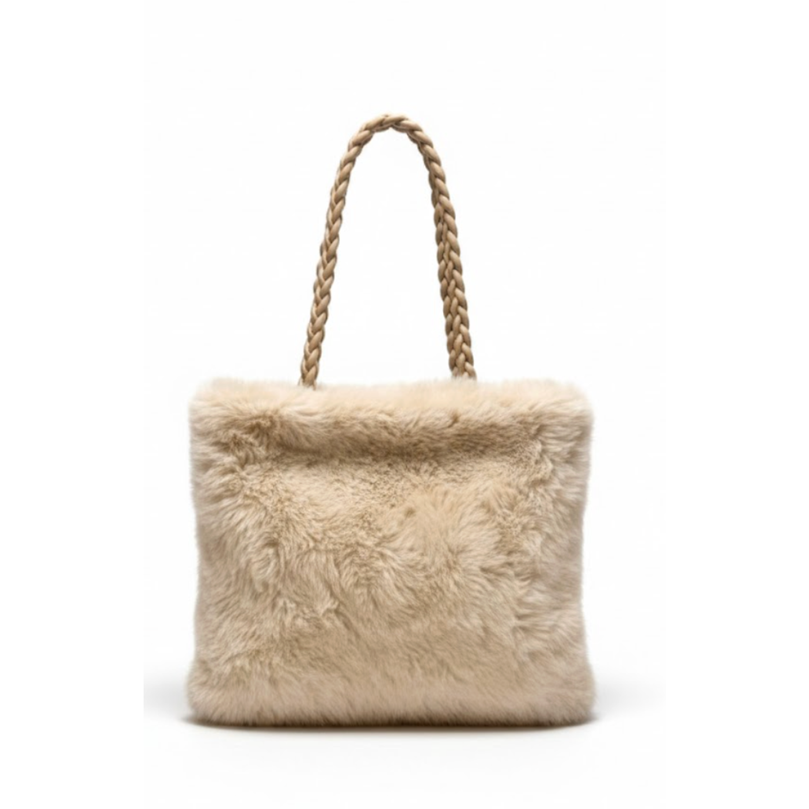 Luxury Faux Fur Tote Bag | Gray Plush Handbag with Braided Handles | Large