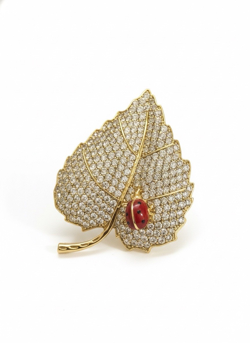 Elegant Gold Plated Leaf &Lady Bug Brooch Pin for Women Red & White Crystals