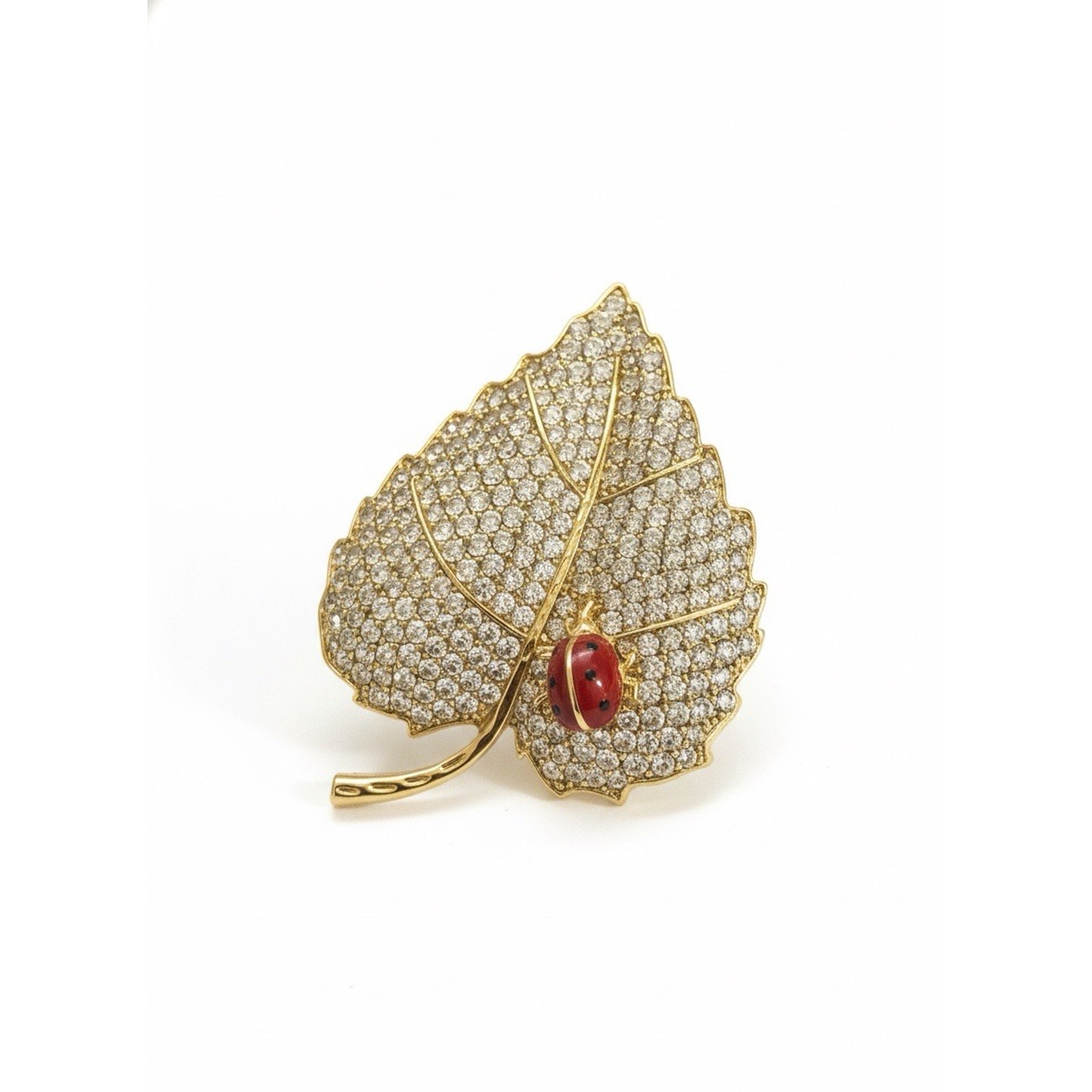 Elegant Gold Plated Leaf &Lady Bug Brooch Pin for Women Red & White Crystals