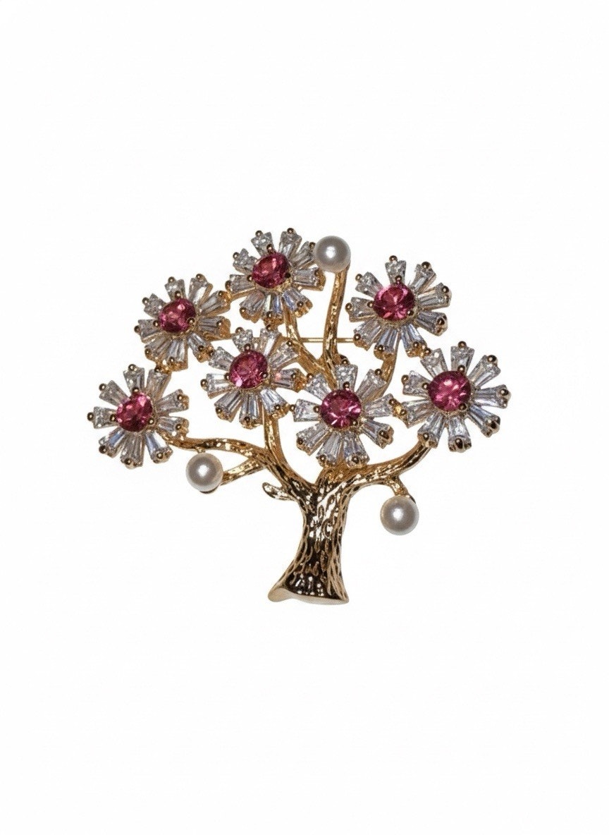 Elegant Gold PlatedFloral Brooch Pin for Women Pink & White Crystals & Pearls