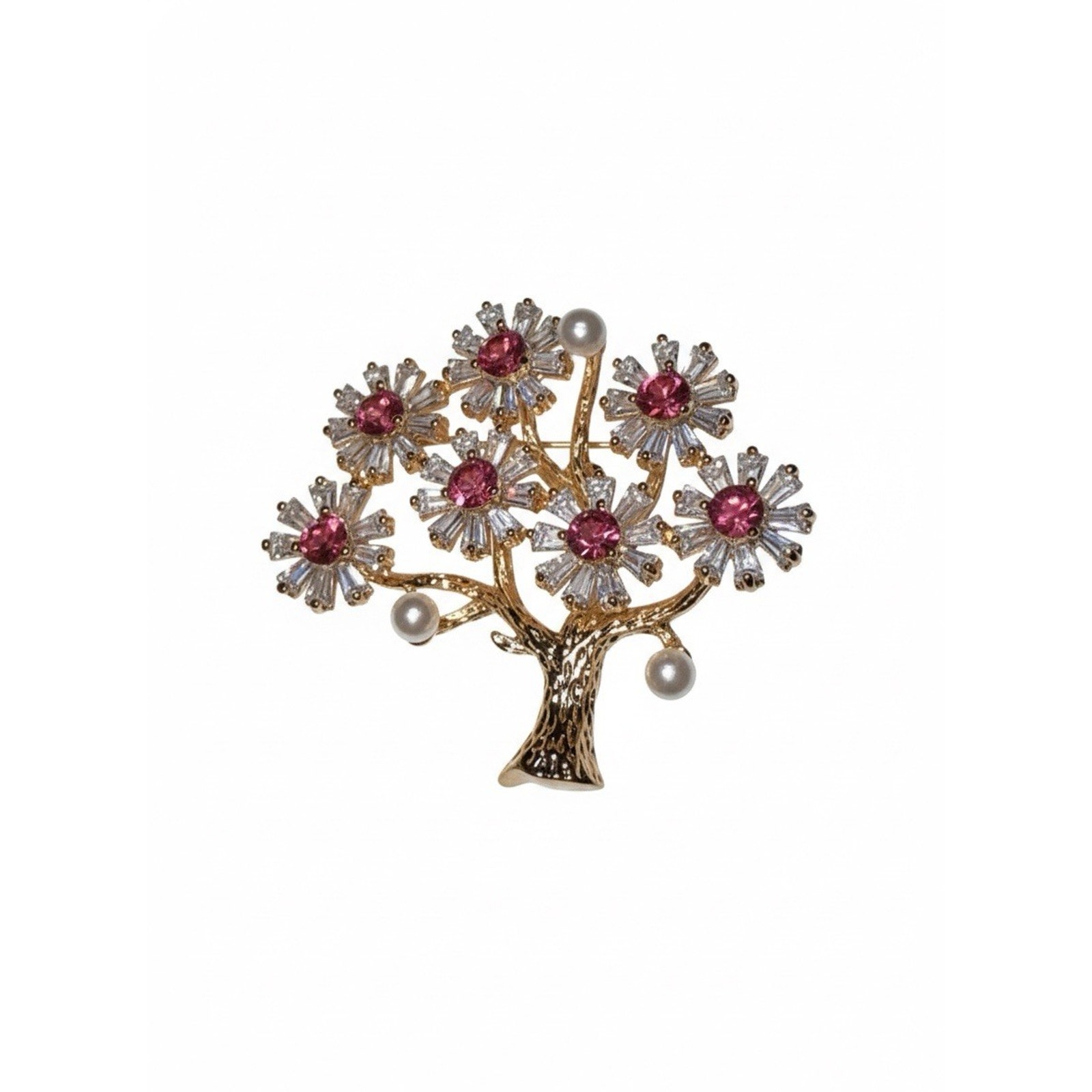Elegant Gold PlatedFloral Brooch Pin for Women Pink & White Crystals & Pearls