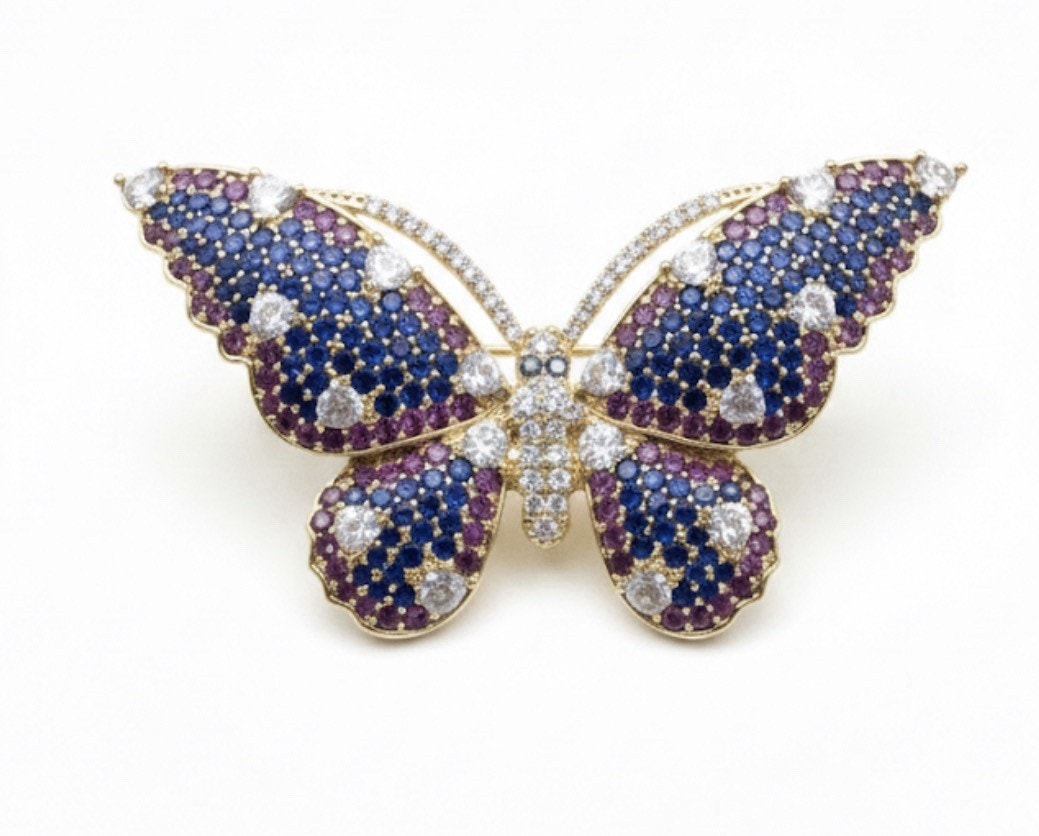 Elegant Gold Plated Butterfly Brooch Pin for Women Purple & White Crystals