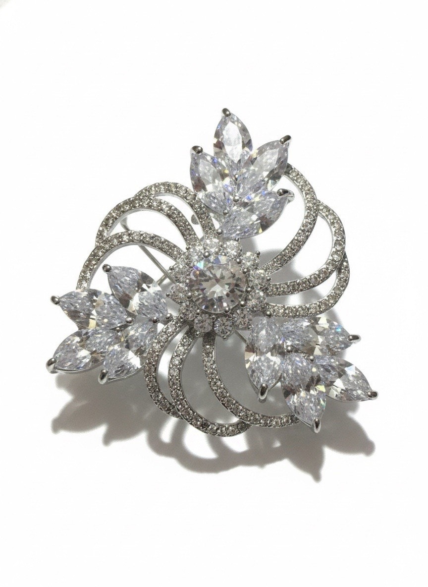 Elegant Rhodium Plated Wreath Style Brooch Pin for Women Clear Crystals