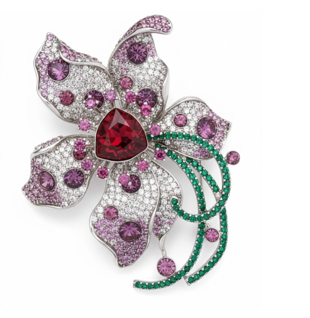 Elegant Silver Plated Women’s Floral Brooch Pin Pink Green & White Crystals