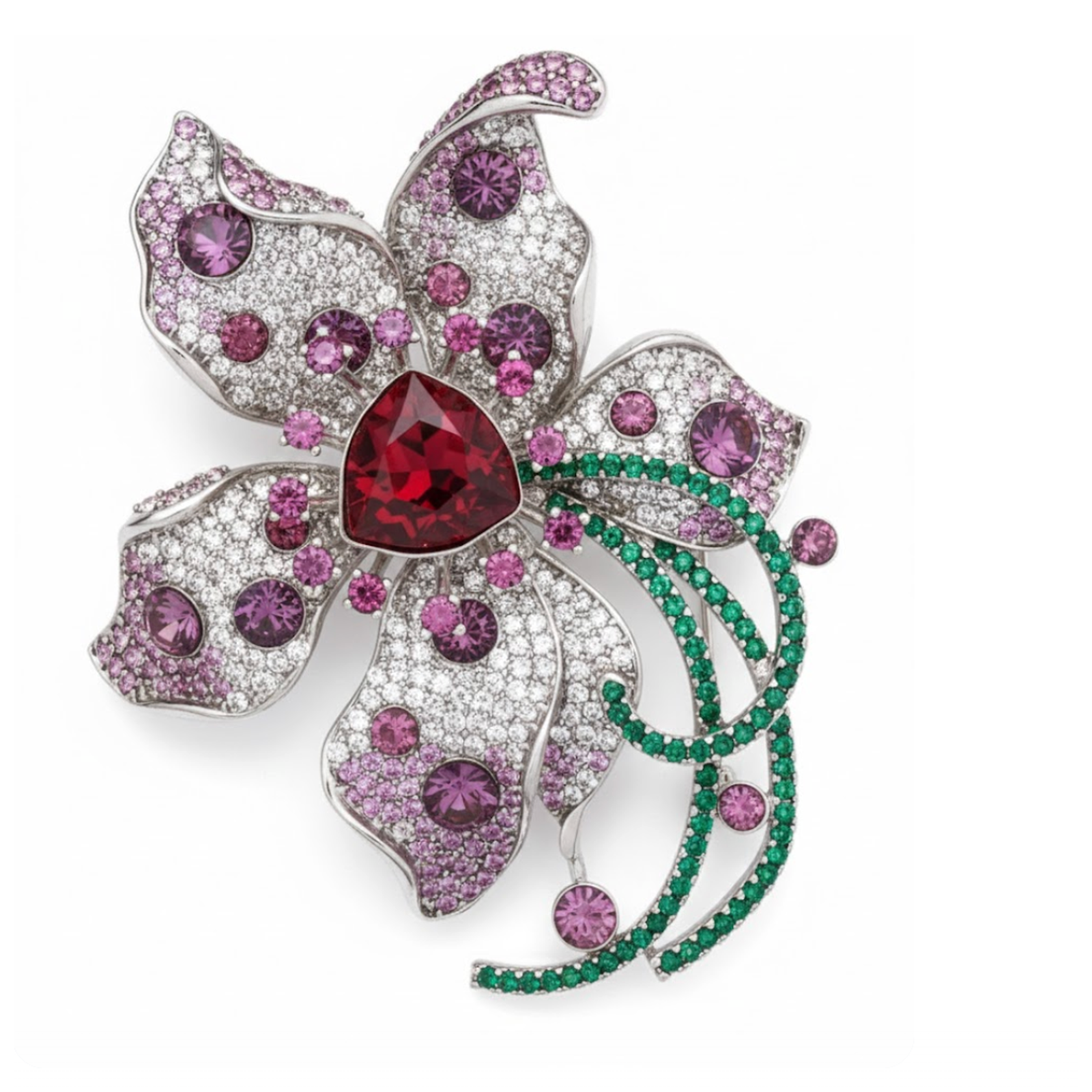 Elegant Silver Plated Women’s Floral Brooch Pin Pink Green & White Crystals