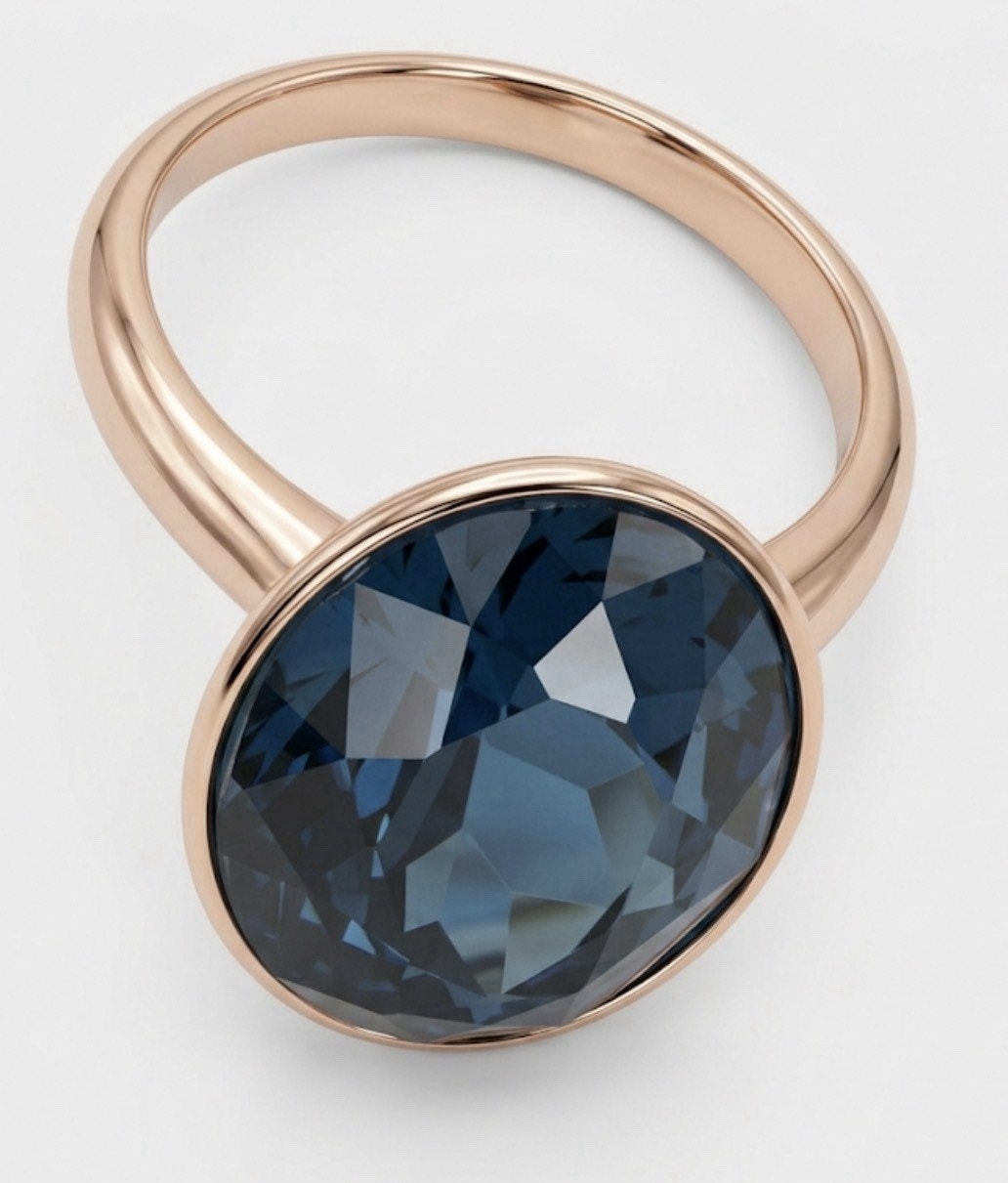 Gold plated Swarovski Deep Blue Sapphire Oval Cut Halo Ring Size 8.75