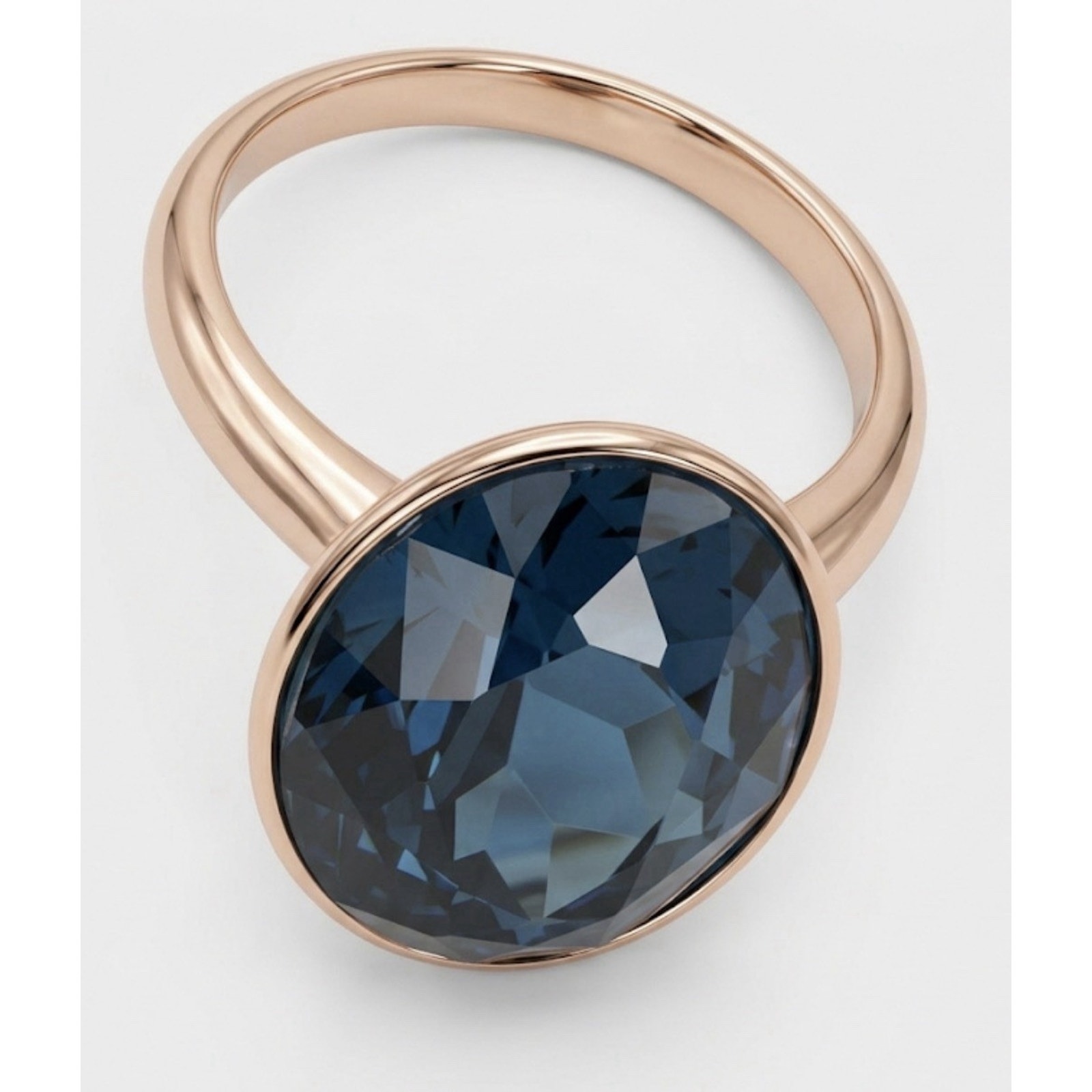 Gold plated Swarovski Deep Blue Sapphire Oval Cut Halo Ring Size 8.75