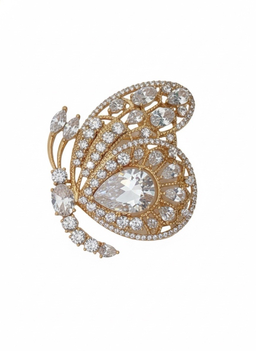 Elegant Gold Plated Butterfly Brooch Pin for Women White Crystals