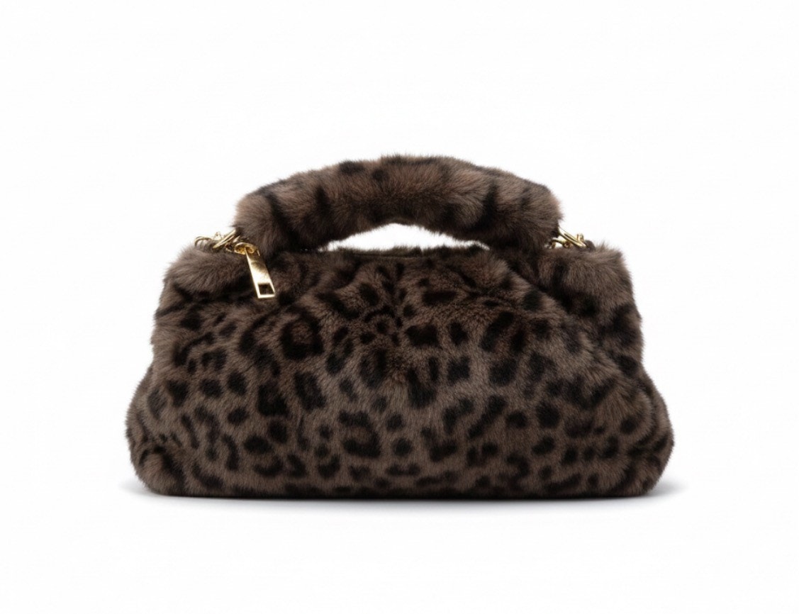 Chic Leopard Print Faux Fur Hand Bag | Plush Animal Print Shoulder Purse