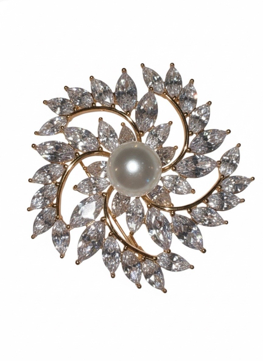 Elegant Gold Plated Floral Brooch Pin for Women White Crystals