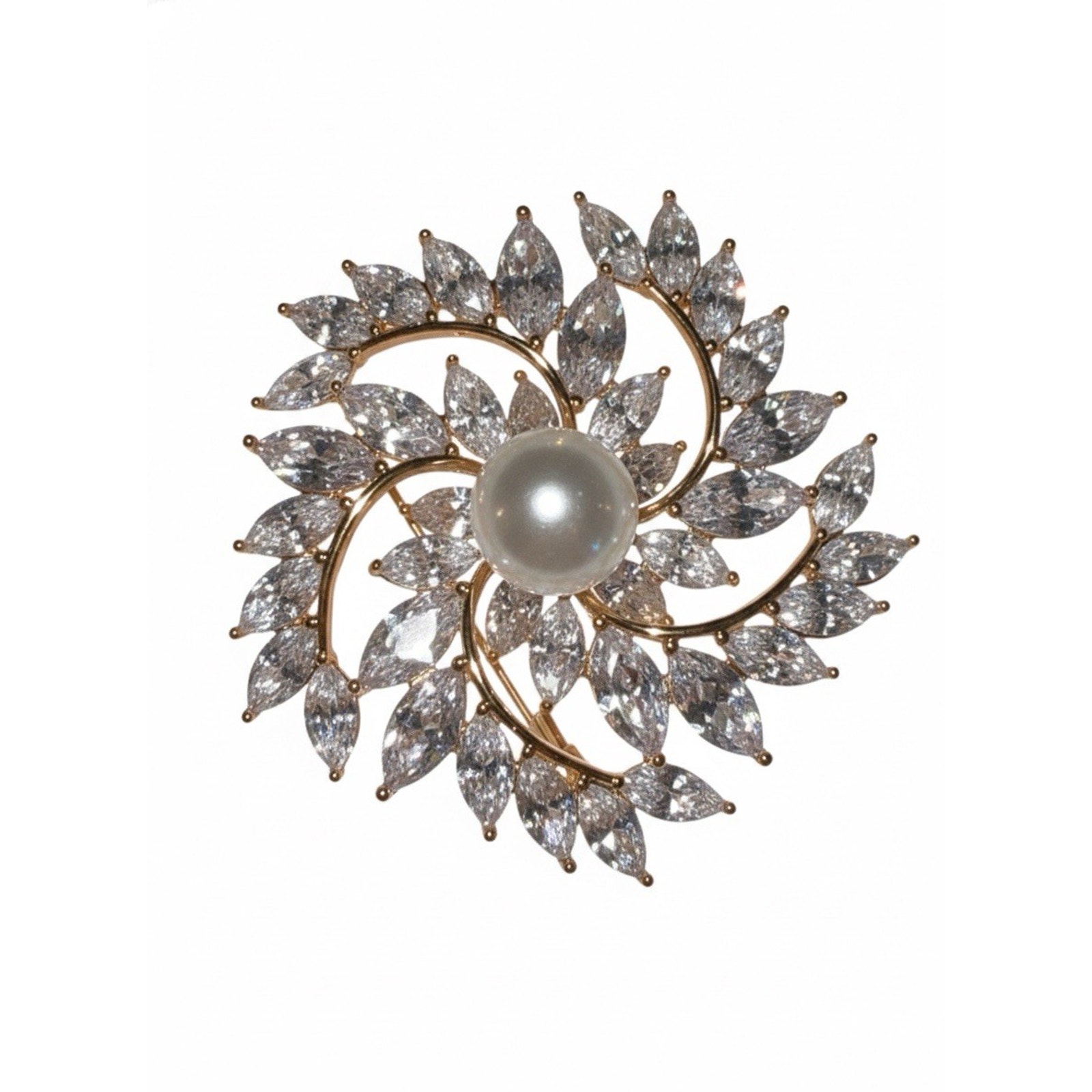 Elegant Gold Plated Floral Brooch Pin for Women White Crystals