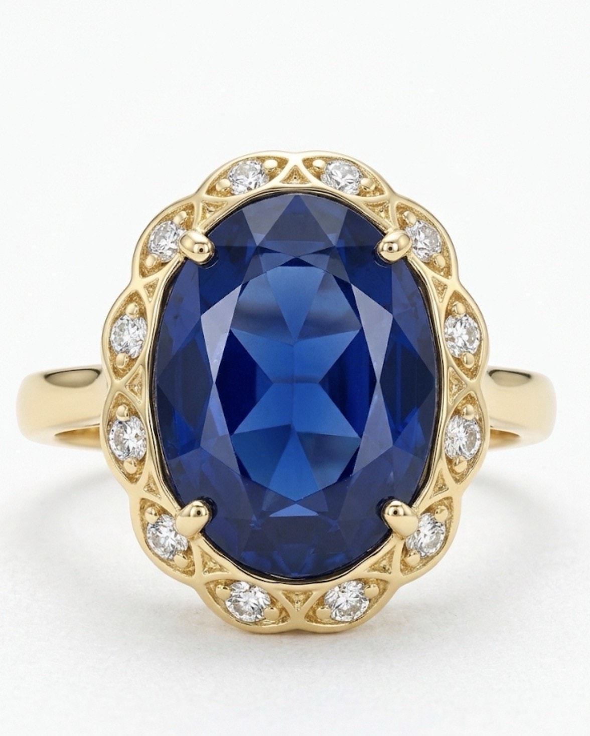Exquisite Vintage-Style Gold PlatedOval Sapphire & Swarovski Halo Ring Size 10