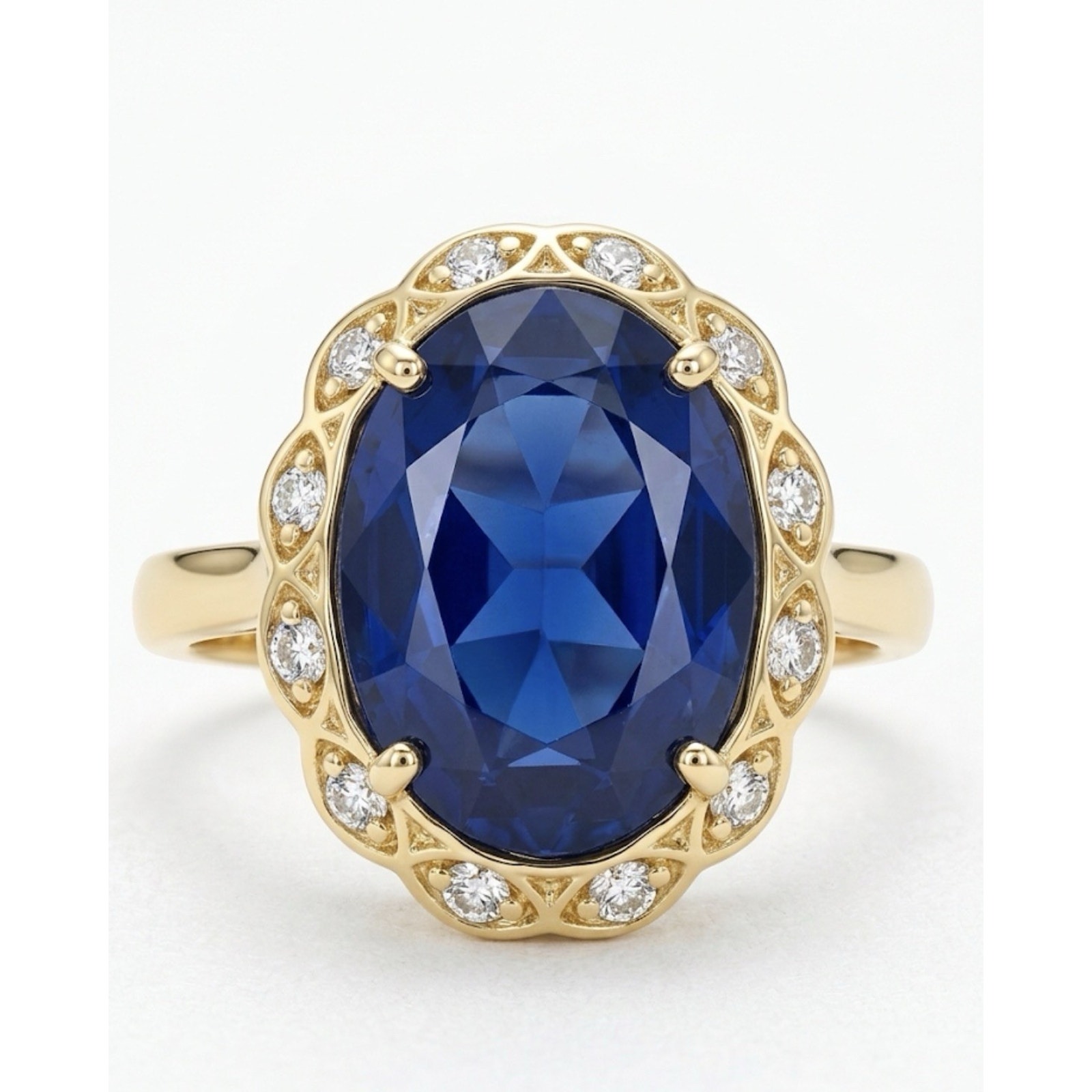 Exquisite Vintage-Style Gold PlatedOval Sapphire & Swarovski Halo Ring Size 10