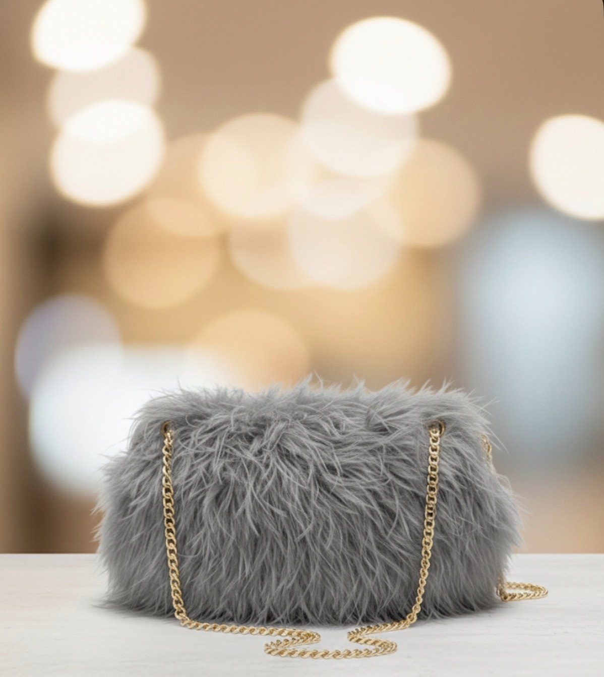 Chic Gray Faux Feather Plush Evening Bag | Shag Shoulder Bag Crossbody