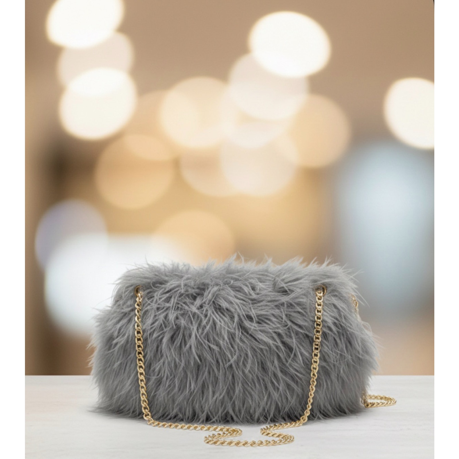 Chic Gray Faux Feather Plush Evening Bag | Shag Shoulder Bag Crossbody