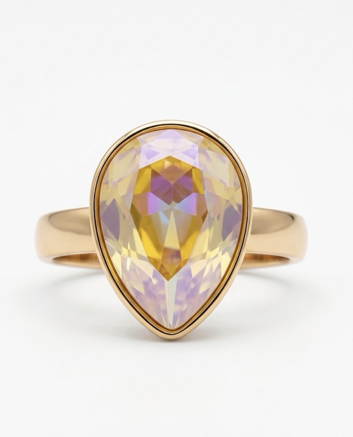 Ladies Silver Rhodium Plated Pear Shaped Yellow Swarovski Crystal Ring Size 8