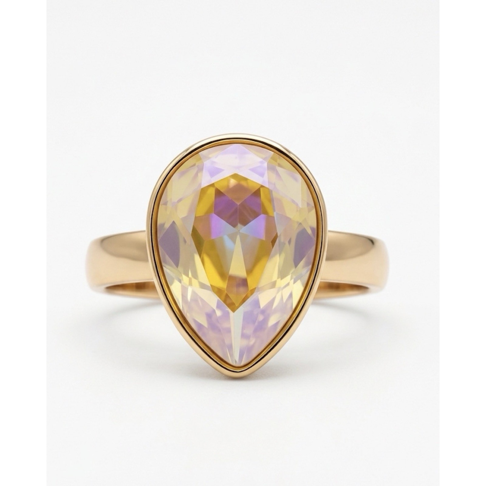 Ladies Silver Rhodium Plated Pear Shaped Yellow Swarovski Crystal Ring Size 8