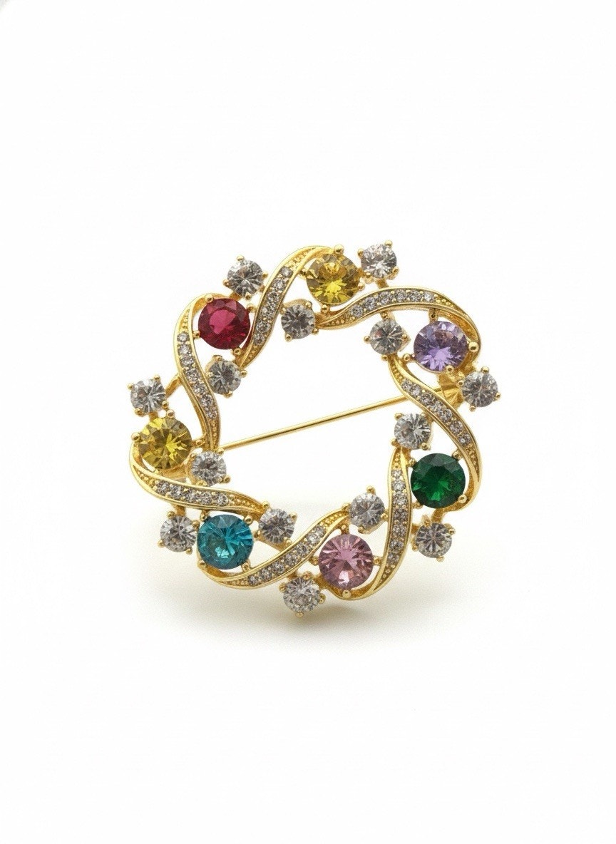 Elegant Gold Plated Wreath Style Brooch Pin for Women Multicolored Crystals