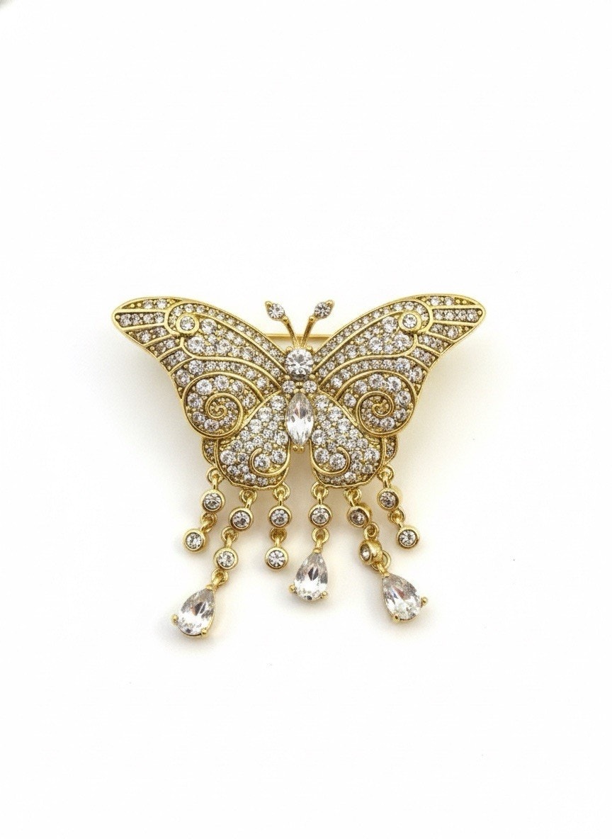 Elegant Gold Plated Butterfly Brooch Pin for Women White Crystals