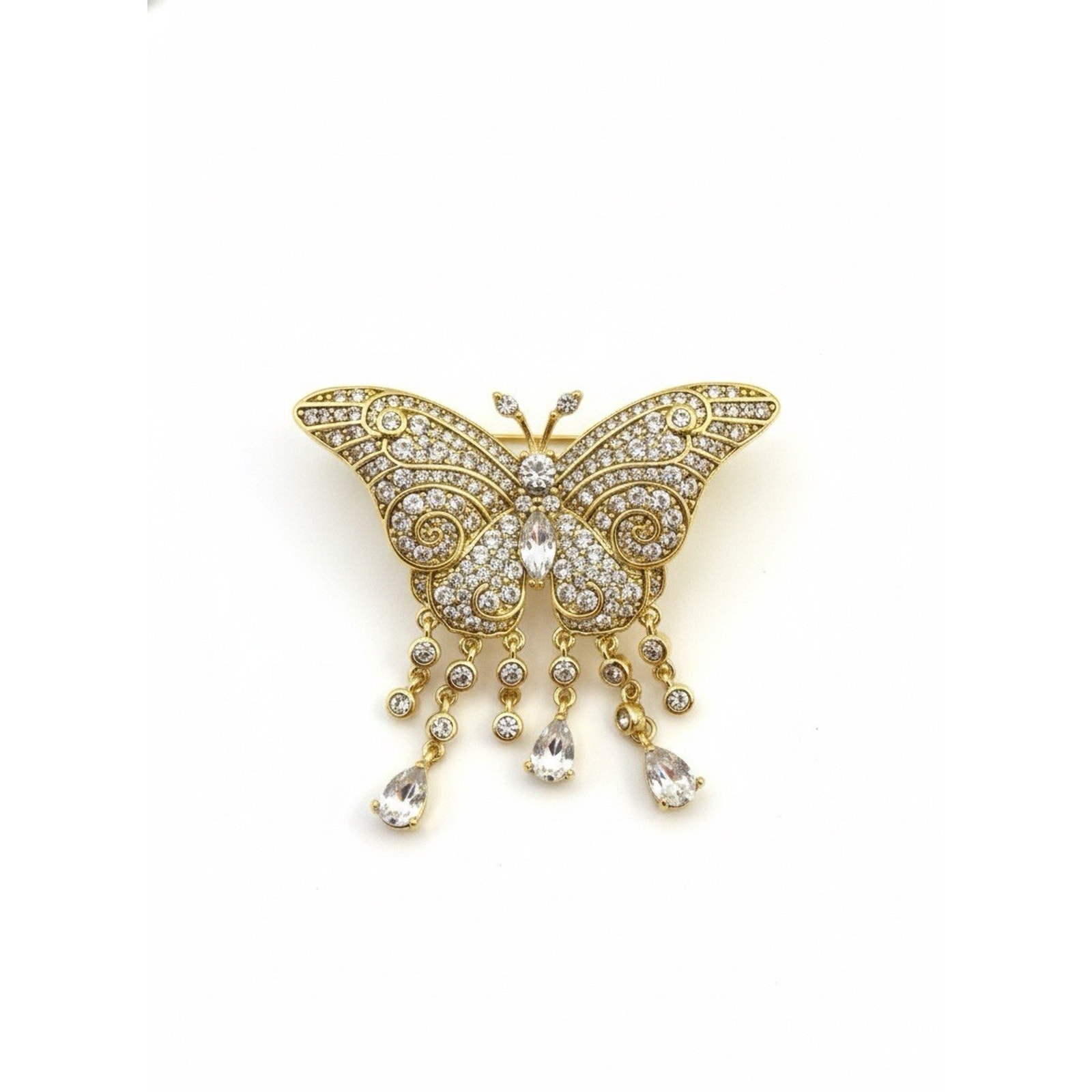 Elegant Gold Plated Butterfly Brooch Pin for Women White Crystals