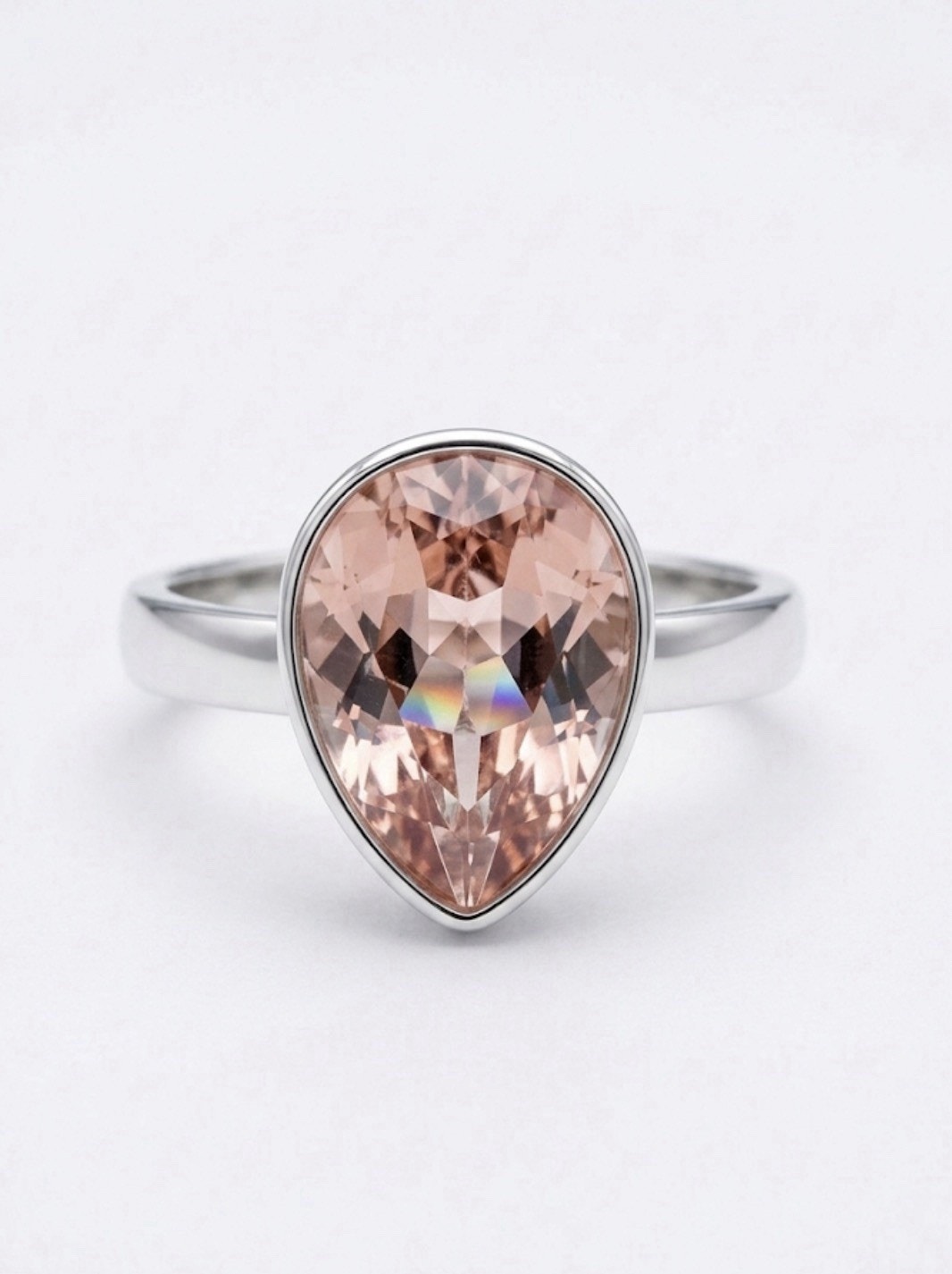 Ladies Silver Rhodium Plated Pear Shaped Purple Swarovski Crystal Ring Size 6.25