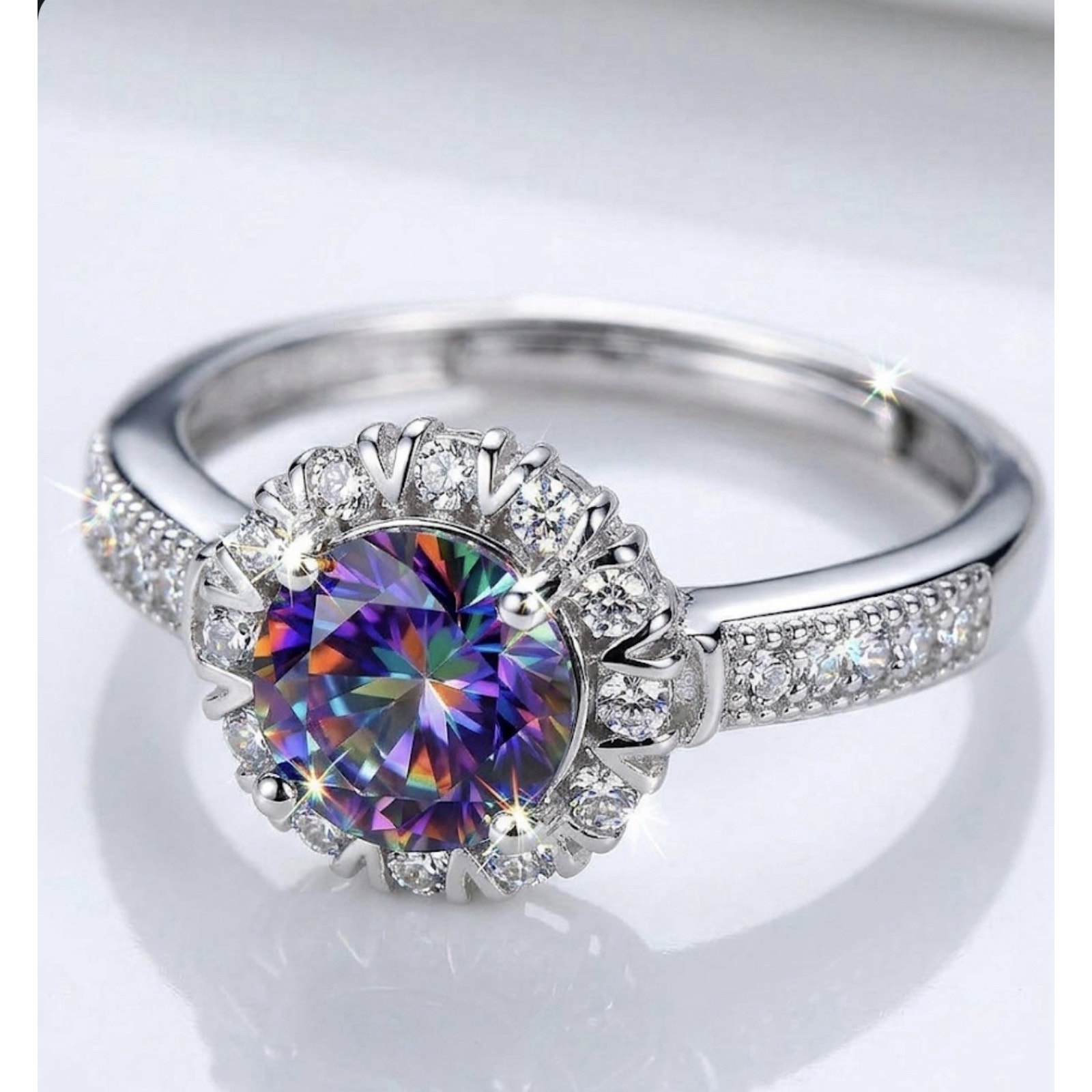 Exquisite 2ct Mystic Moissanite Halo Statement Ring D Color VVS1 Adjustable Size