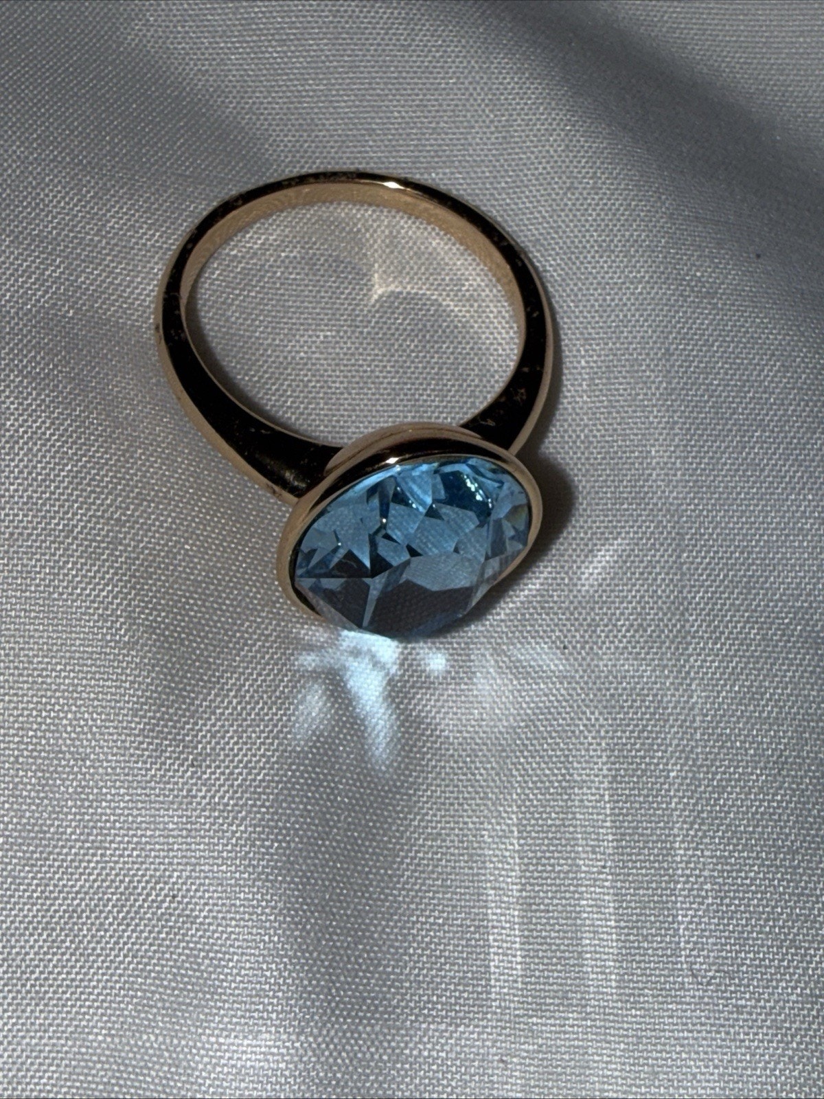 Gold plated Swarovski Sky Blue Sapphire Oval Cut Halo Ring Size 10