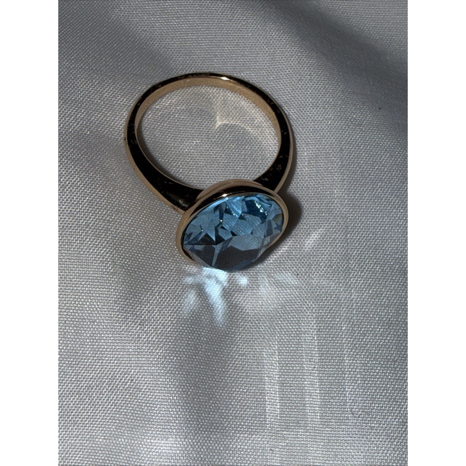 Gold plated Swarovski Sky Blue Sapphire Oval Cut Halo Ring Size 10